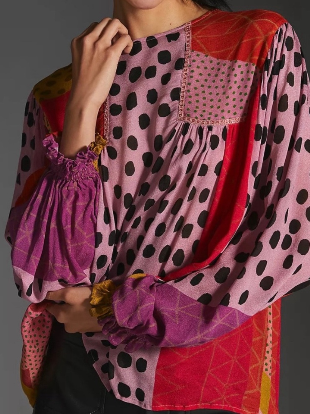 Pink & Red Patchwork Polka Dot Blouse with Smocked Cuffs